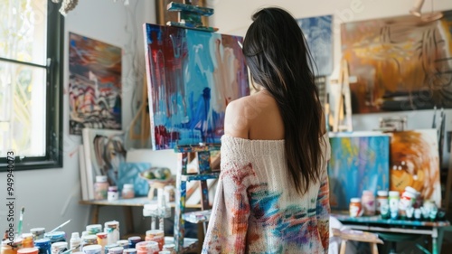 artist in her studio, as she paints, blending creativity with fashion