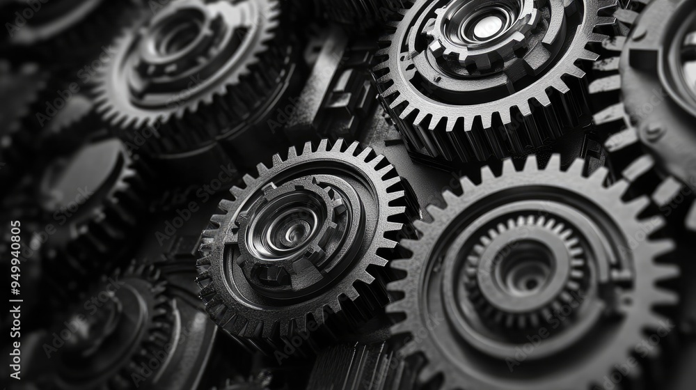 Retro black and white background of industrial cogs or gears with movement Retro black and white background of industrial cogs or gears with movement
