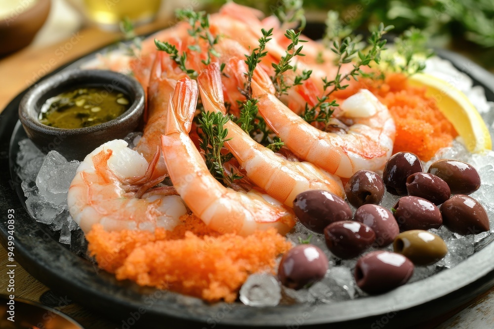 A seafood platter featuring fresh shrimp olive served on a bed of crushed ice A seafood platter featuring fresh shrimp olive served on a bed of crushed ice