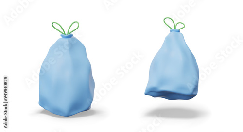 Blue garbage bag is tied. Realistic model in different positions. Opaque garbage bag