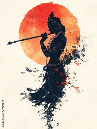 Silhouette of krishna playing bansuri flute photo