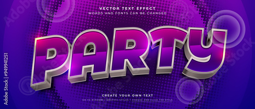 Party 3D text effect on abstract purple background, Blue purple and silver vector graphic style