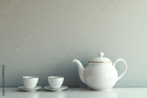 White Teapot and Two Cups on a White Surface