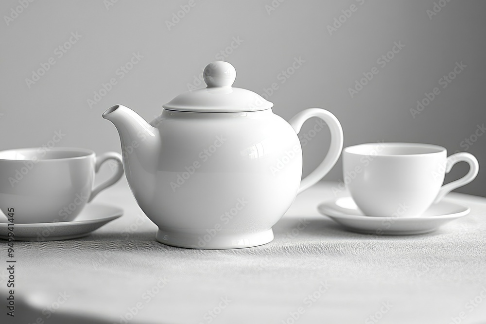 White Teapot and Cups on a White Tablecloth White Teapot and Cups on a White Tablecloth