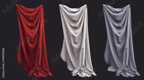 Three draped fabric panels in red, white, and grey. photo