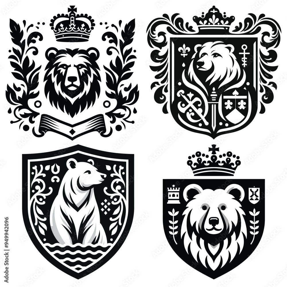 Heraldic Bear coat of arms vector illustrations, black and white, perfect for logos, emblems, or tattoos Heraldic Bear coat of arms vector illustrations, black and white, perfect for logos, emblems, or tattoos
