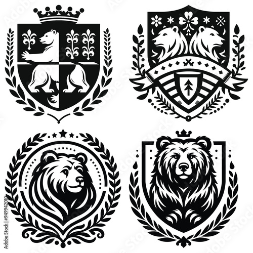 Heraldic Bear coat of arms design, black and white, vector illustration, symbolizing strength and nobility