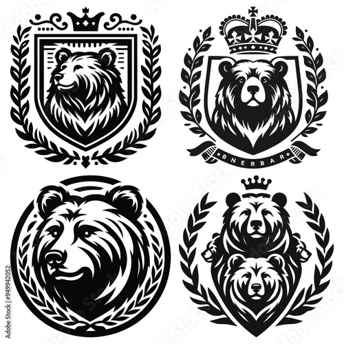 Regal bear crests, black and white vector illustrations, perfect for logos and emblems