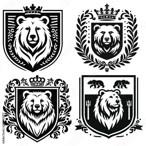 Royal bear emblems vector illustration black and white perfect for logos and heraldry designs