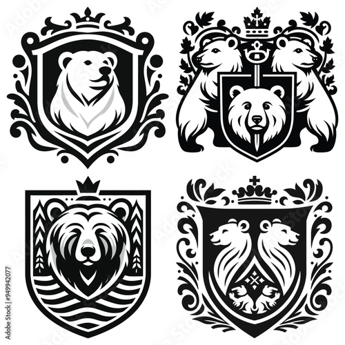 Four bear emblem vector illustrations, black and white, perfect for heraldic designs