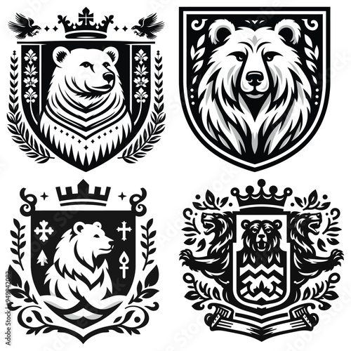 Heraldic Bear coat of arms vector illustration, black and white, perfect for emblems and logos