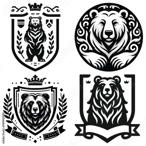 Heraldic Bear coat of arms vector illustrations black and white, emblem designs, perfect for branding