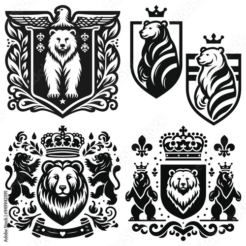 Intricate Heraldic Bear coat of arms crests, black and white vector illustration, regal symbols, digital art