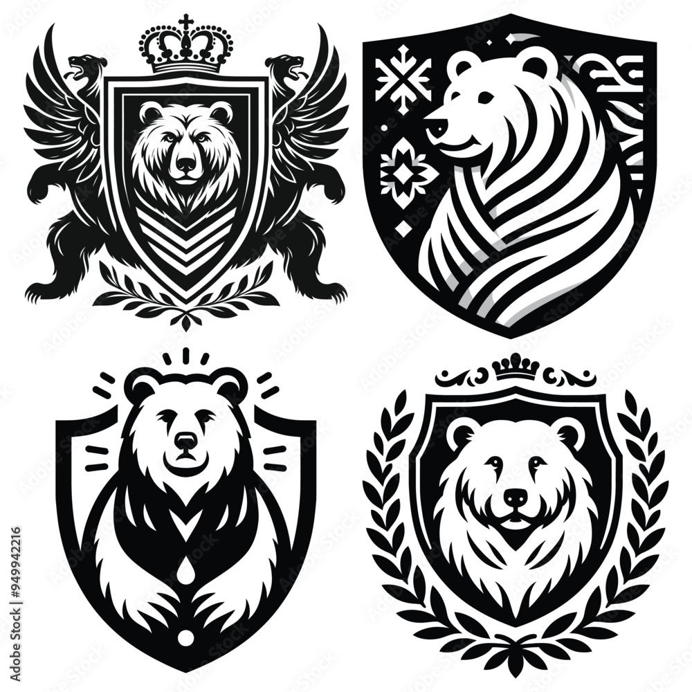 Black and white bear vector illustration, intricate heraldic design, versatile emblem Black and white bear vector illustration, intricate heraldic design, versatile emblem