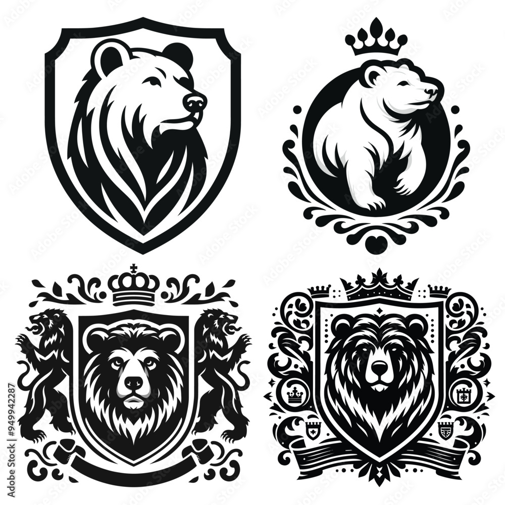 Heraldic Bear coat of arms and lion emblems, vector illustration black and white clipart, perfect for logos and crests Heraldic Bear coat of arms and lion emblems, vector illustration black and white clipart, perfect for logos and crests