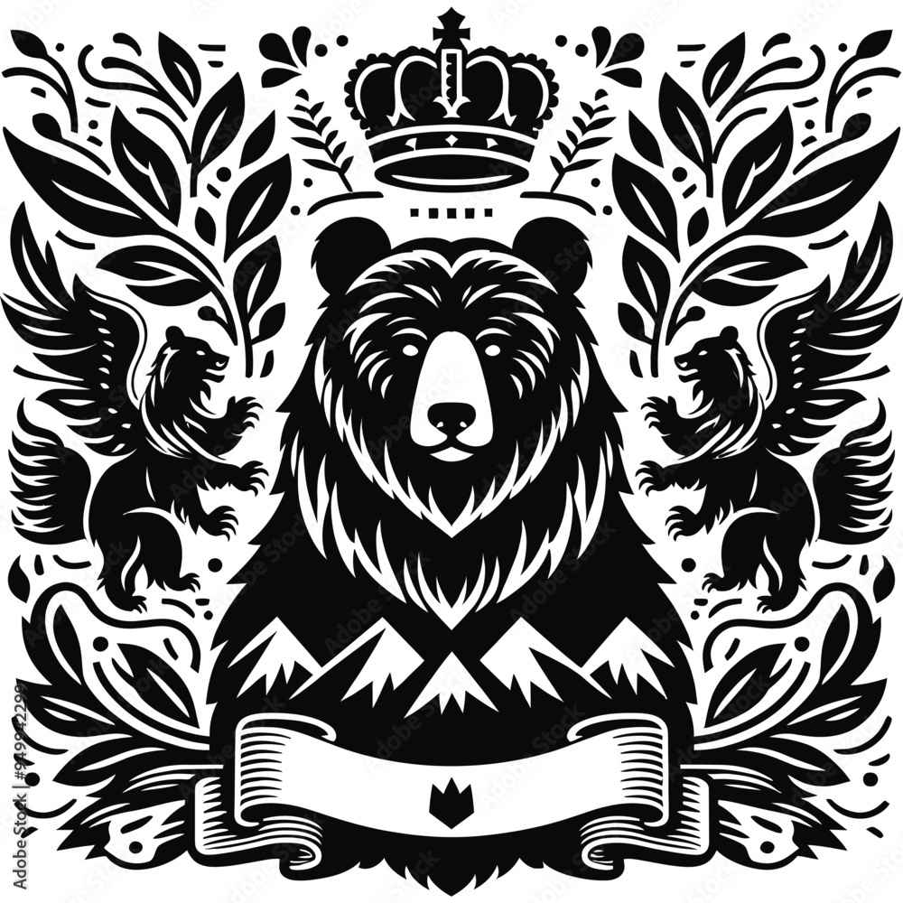 Black and white Heraldic Bear coat of arms illustration with crown and griffins, vector artwork, emblem design Black and white Heraldic Bear coat of arms illustration with crown and griffins, vector artwork, emblem design