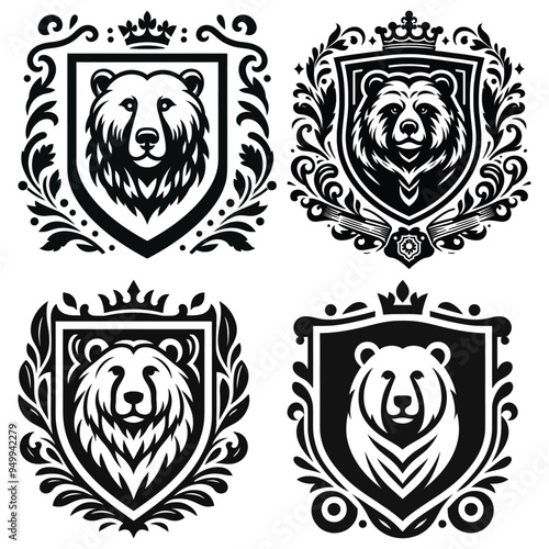 Ornate bear illustrations, black and white, vector icons, perfect for logo or emblem design