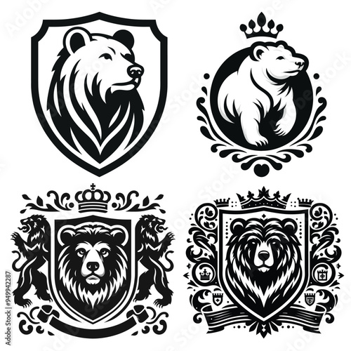 Heraldic Bear coat of arms and lion emblems, vector illustration black and white clipart, perfect for logos and crests