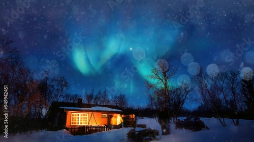 Northern Lights Over a Cozy Cabin photo