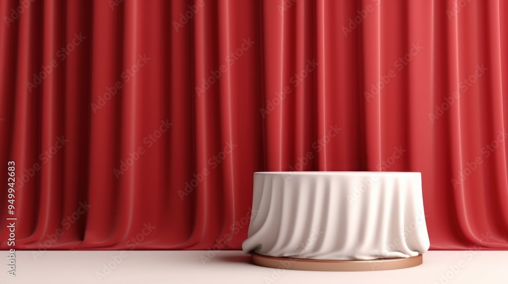 White Draped Pedestal Before Red Curtains White Draped Pedestal Before Red Curtains