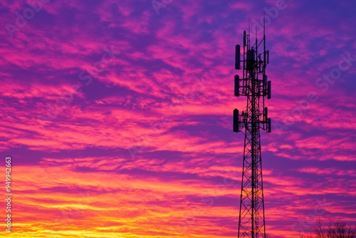 Wallpaper Mural A telecommunications tower silhouetted against a sunset sky with hues of pink purple and orange Torontodigital.ca