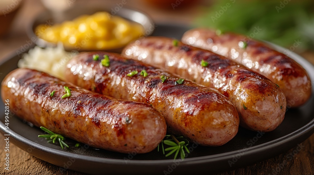 Grilled sausages garnished with herbs are served on a plate alongside mustard, a classic dish at Oktoberfest celebrations. Grilled sausages garnished with herbs are served on a plate alongside mustard, a classic dish at Oktoberfest celebrations.