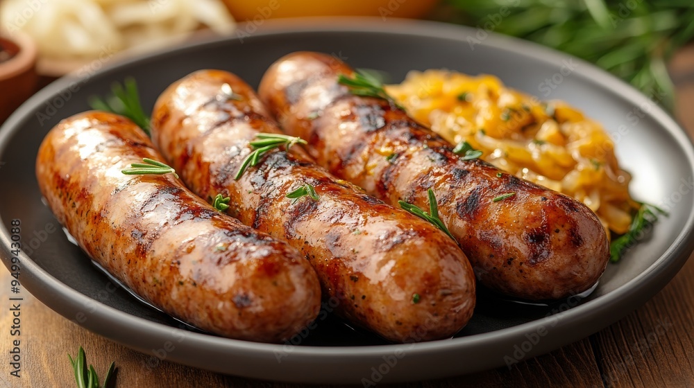 Enjoy a plate filled with delicious grilled sausages, garnished with rosemary and served with caramelized onions, perfect for Oktoberfest festivities. Enjoy a plate filled with delicious grilled sausages, garnished with rosemary and served with caramelized onions, perfect for Oktoberfest festivities.