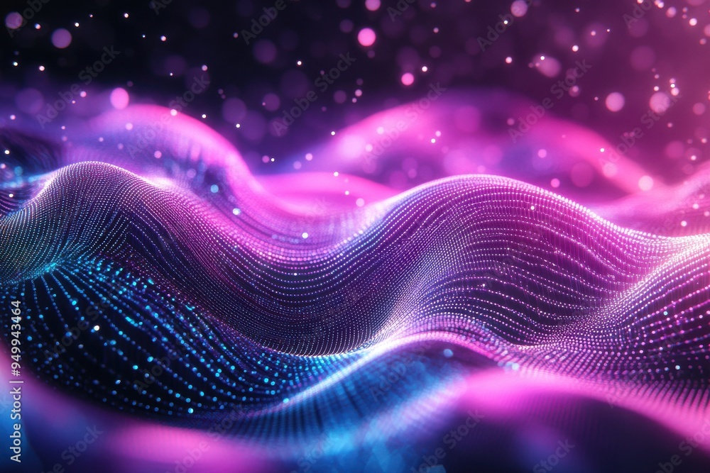 A vibrant and abstract digital illustration featuring waves of glowing dots and lines A vibrant and abstract digital illustration featuring waves of glowing dots and lines