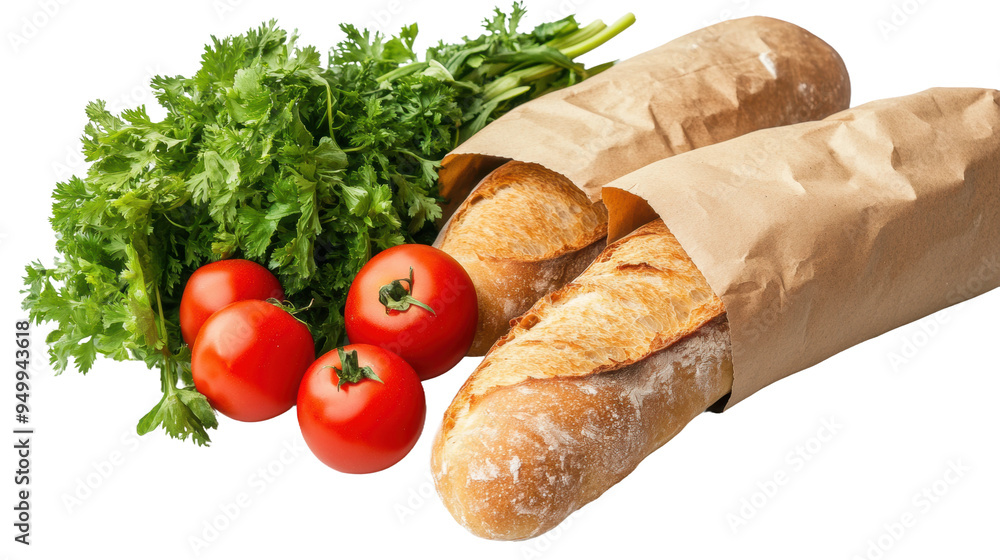 Fresh baguettes and tomatoes with herbs in bags isolated on transparent background Fresh baguettes and tomatoes with herbs in bags isolated on transparent background