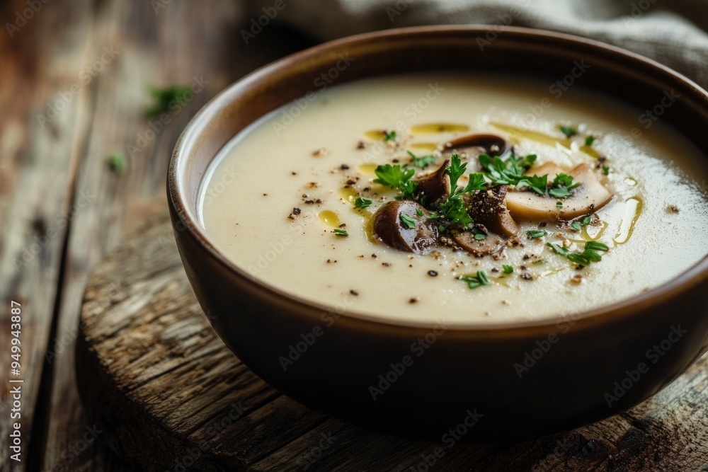 Creamy Mushroom Soup in a Brown Bowl Creamy Mushroom Soup in a Brown Bowl