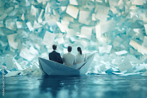 Équipe hommes - femmes d'affaires naviguant sur un bateau en papier à travers une mer agitée de papiers. Métaphore de la collaboration et de la navigation dans la complexité des affaires abstrait.