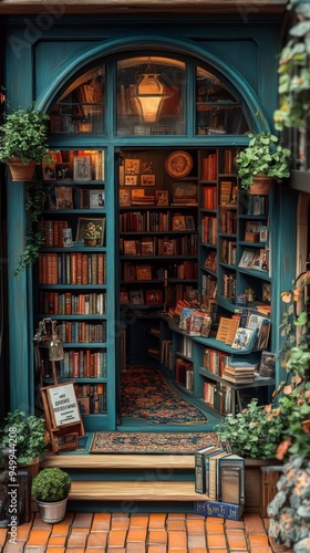 A cozy miniature bookstore with colorful shelves filled with books, warm lighting, and plants creating a charming atmosphere.