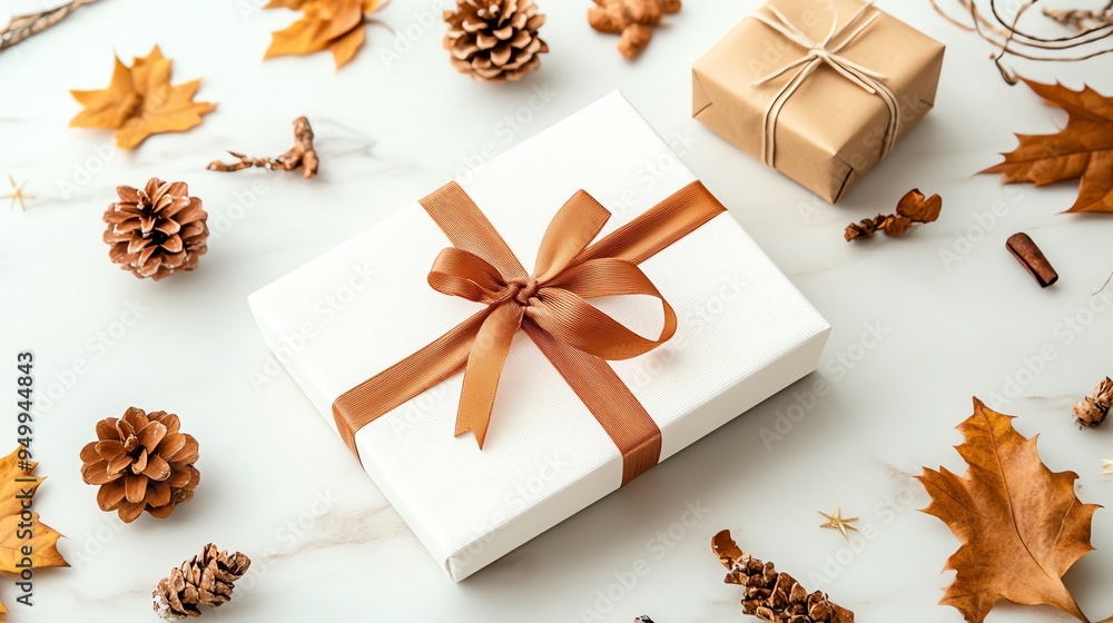 Beautifully wrapped gift box surrounded by autumn leaves and pine cones, perfect for fall celebrations and seasonal decor. Beautifully wrapped gift box surrounded by autumn leaves and pine cones, perfect for fall celebrations and seasonal decor.
