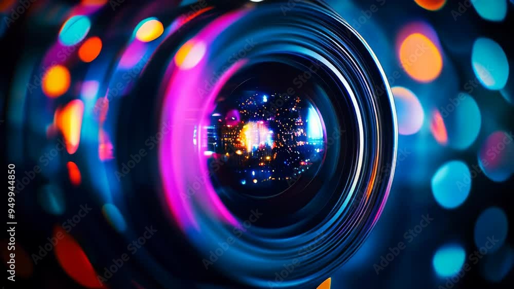 Abstract video camera lens with colorful lights. Concept of digital media production in cinema and television.