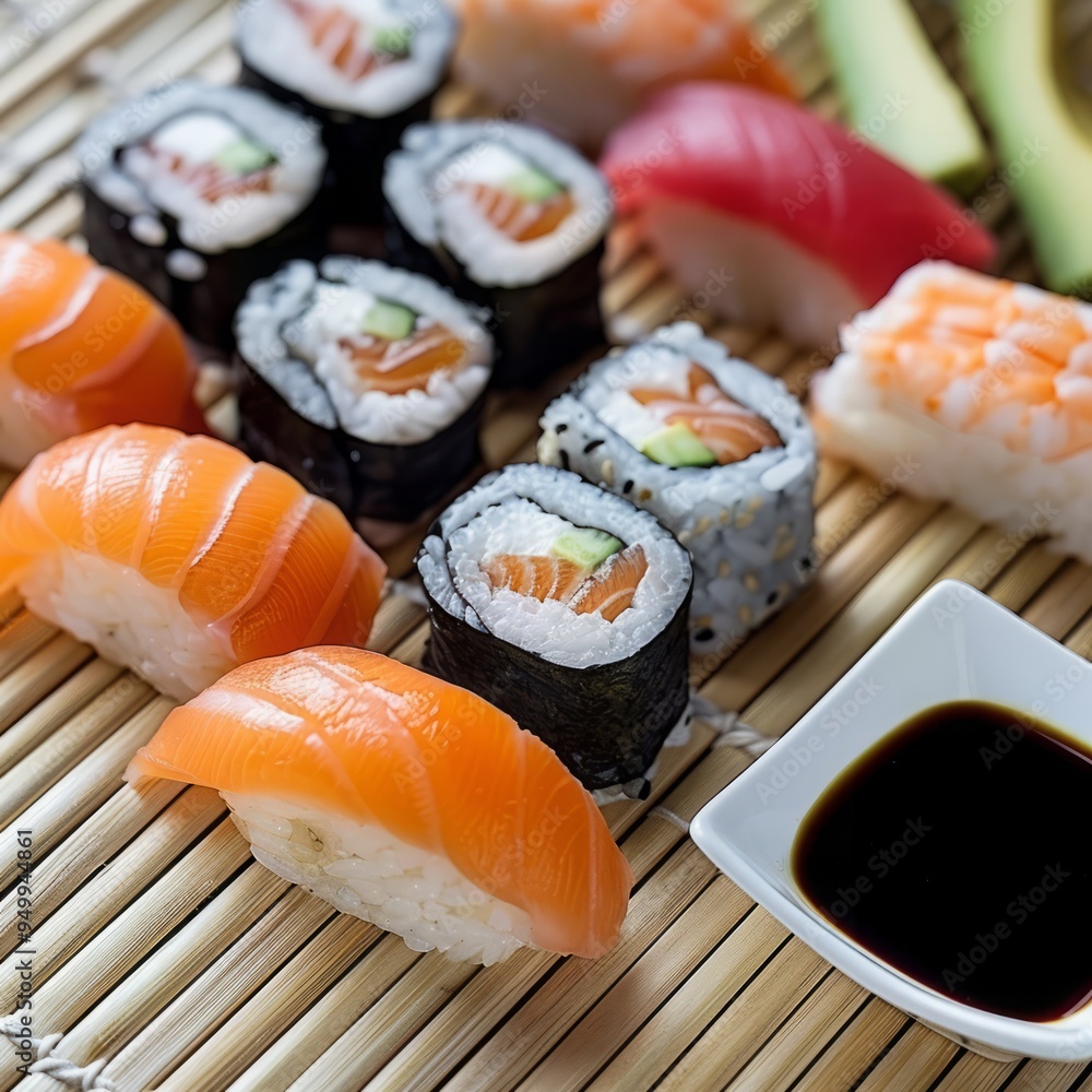Sushi rolls set on plate, in the restaurant, Japanese food Sushi rolls set on plate, in the restaurant, Japanese food