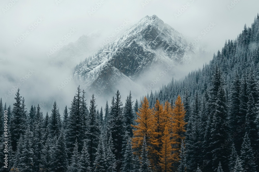 Snowy Mountain Peak Emerging From Fog Above Forest Snowy Mountain Peak Emerging From Fog Above Forest