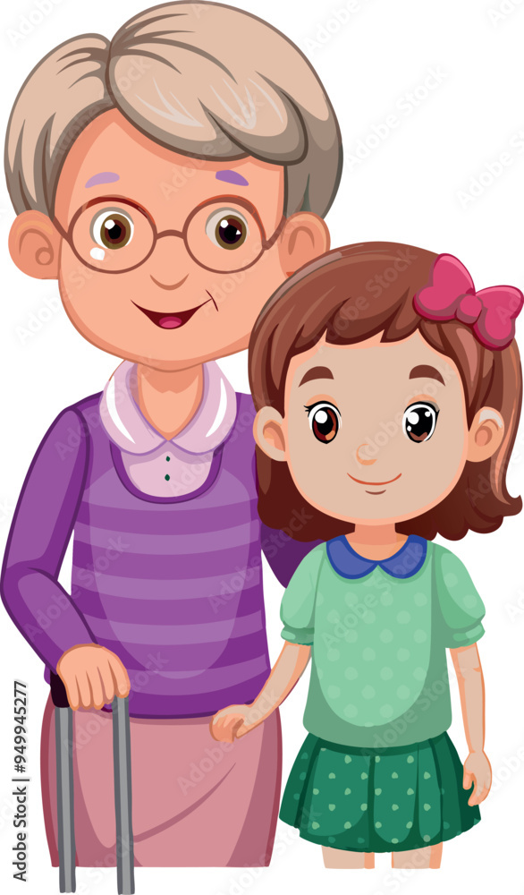 Grandmother holding walking stick standing with granddaughter Grandmother holding walking stick standing with granddaughter