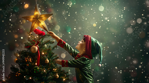 Young kid in a christmas elf costume places a golden star on a festive christmas tree