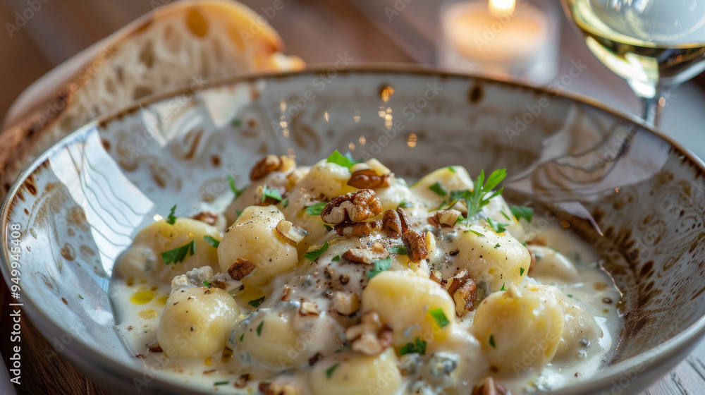 Upscale gnocchi in creamy Gorgonzola sauce, topped with walnuts and parsley Upscale gnocchi in creamy Gorgonzola sauce, topped with walnuts and parsley