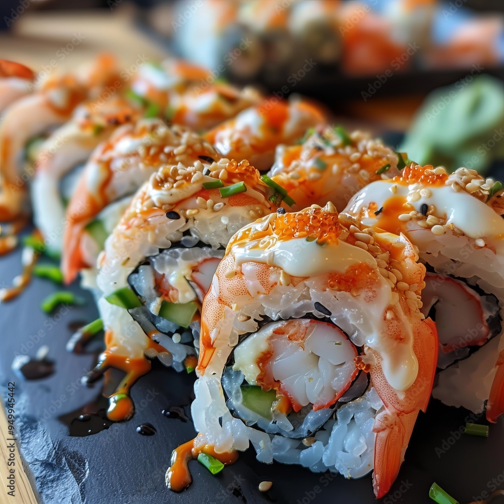 Sushi rolls set on plate, in the restaurant, Japanese food Sushi rolls set on plate, in the restaurant, Japanese food