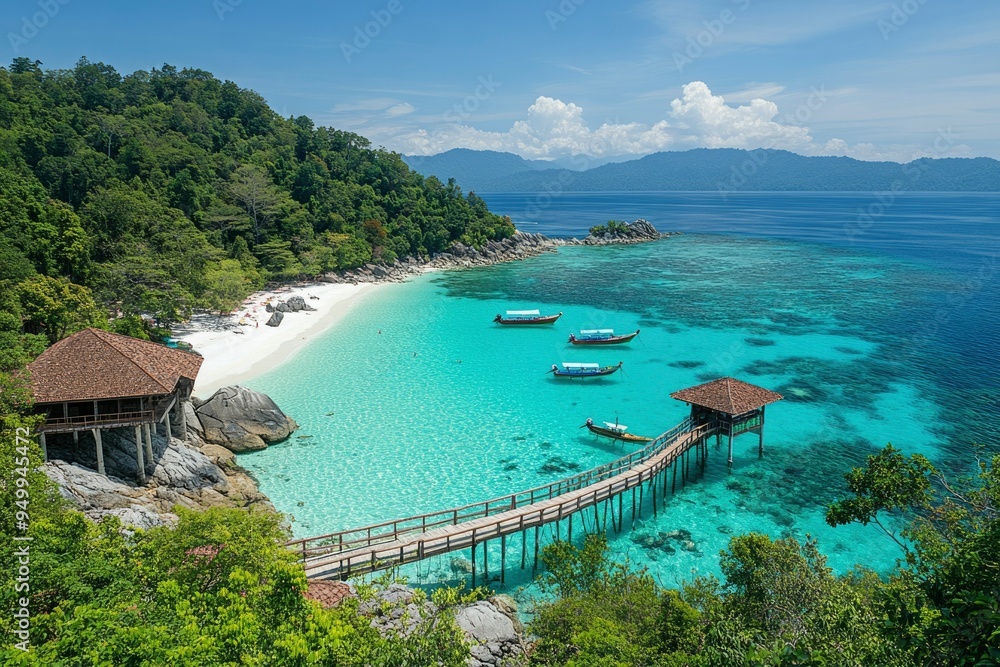 Wooden Bridge Leading to Overwater Cabanas on a Tropical Island Wooden Bridge Leading to Overwater Cabanas on a Tropical Island