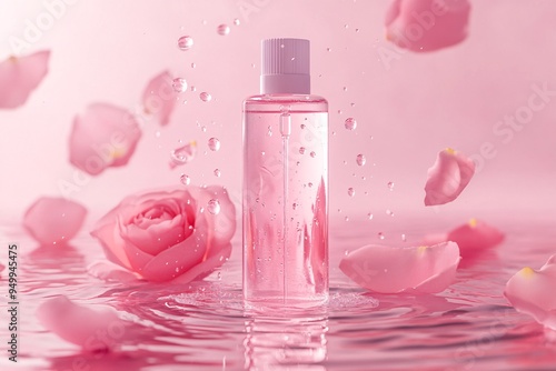 Photo shoot of natural facial mist products with rose petals photo