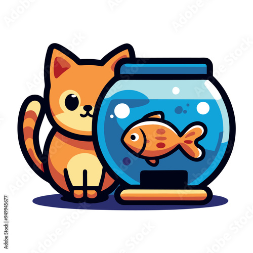 Cute orange cat curiously watching a fish in a bowl. Colorful cartoon illustration.

