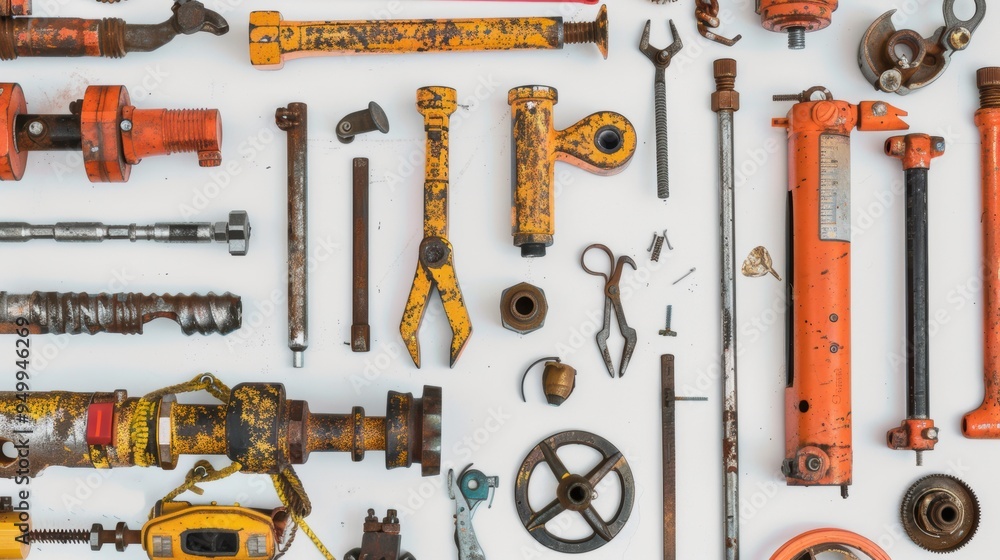 Fototapeta premium Rusty tools and mechanical parts arranged on white background