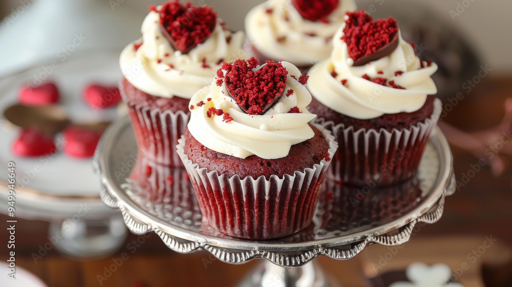 Red velvet cupcakes with cream cheese frosting, red velvet crumbs, and a chocolate heart, on a silver cake stand Red velvet cupcakes with cream cheese frosting, red velvet crumbs, and a chocolate heart, on a silver cake stand