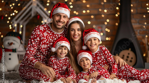Happy family in coordinated pajamas posing for a photo in a beautifully decorated home during the christmas season