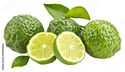 Kaffir limes and leaves isolated on transparent background