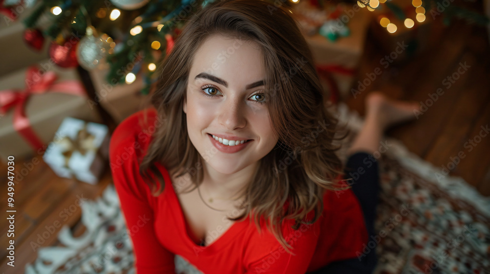 Lovely young woman sits on the floor beneath the christmas tree, donning a red top and beaming with joy Lovely young woman sits on the floor beneath the christmas tree, donning a red top and beaming with joy