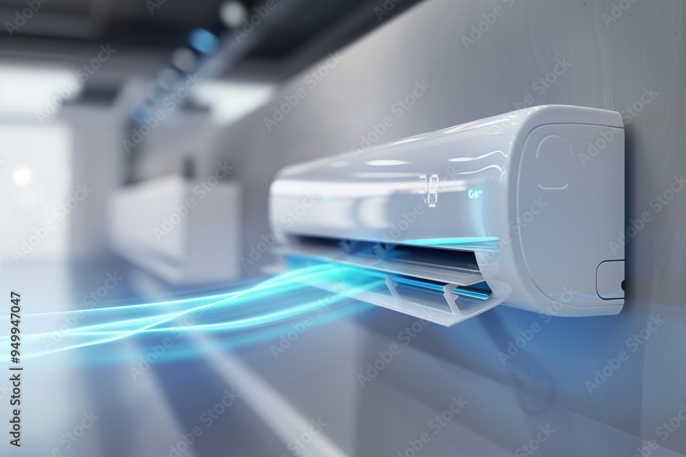 Modern air conditioner on a wall emitting cool air in a contemporary living space. Modern air conditioner on a wall emitting cool air in a contemporary living space.