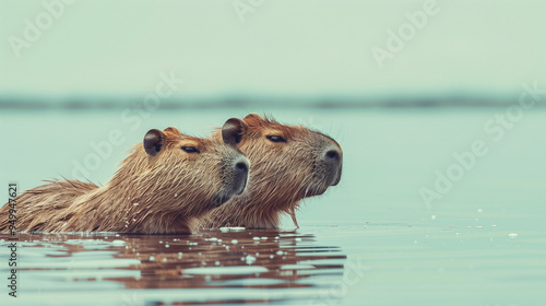 Two capybaras swimming together in a serene body of water during early morning light